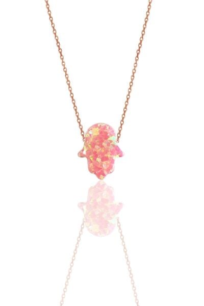 Gümüş rose fatma ana eli pembe opal taşlı kolye  SGTL12145ROSE
