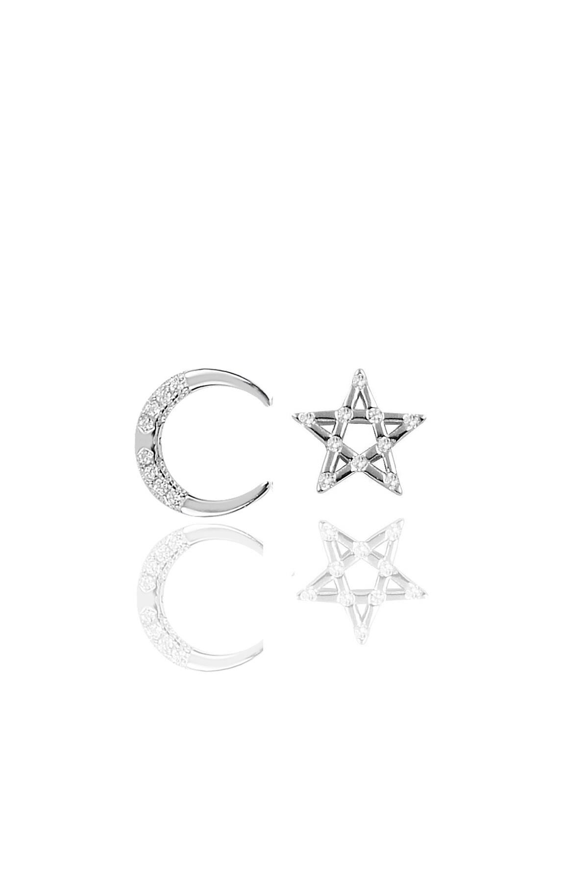 Gümüş rodyumlu zirkon taşlı ay yıldız kombin küpe SGTL11426RODAJ