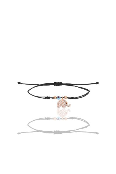 Gümüş rose zirkon taşlı nazarlı fil siyah ipli şans bileklik SGTL12466ROSE