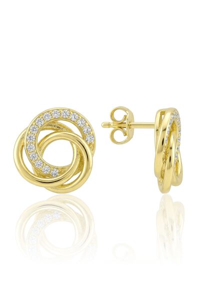 925 Ayar Gümüş Küpe İç İçe Geçmeli Halka Küpe - 14 Ayar Altın Kaplama Zirkon Taşlı Lüks Pervane Çivili Küpe SGTL12417GOLD