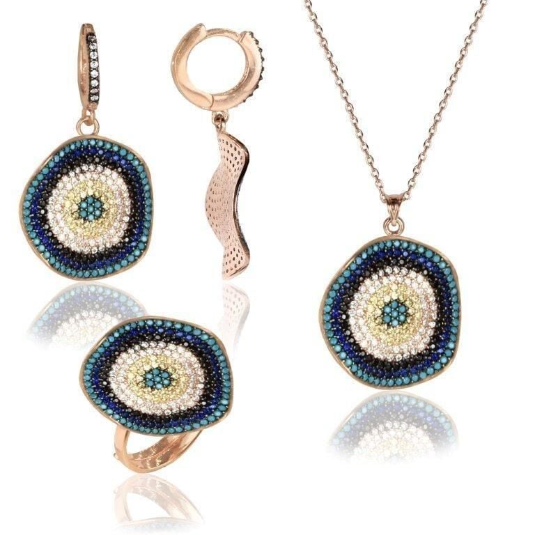 nazarlı nano turkuaz taşlı dalgalı üçlü set SGTL4015