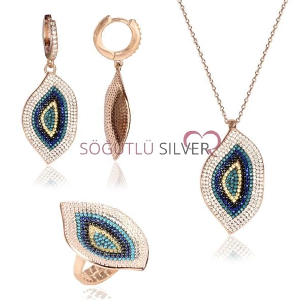 nazarlı nano turkuaz taşlı  üçlü set SGTL4016