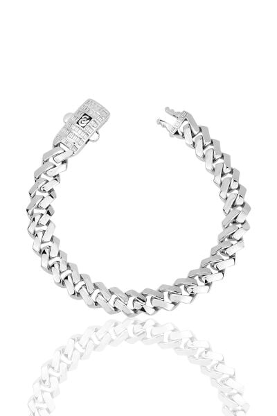Gümüş rodyumlu çift sıra baget kesim zirkon taşlı özel kilit milano gurmet zincir bileklik SGTL12405RODAJ