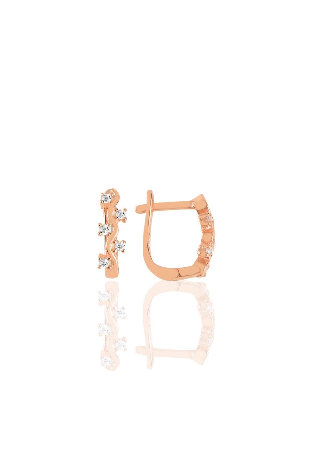 Gümüş rose zirkon taşlı dalgalı klipsli j küpe  SGTL11428ROSE