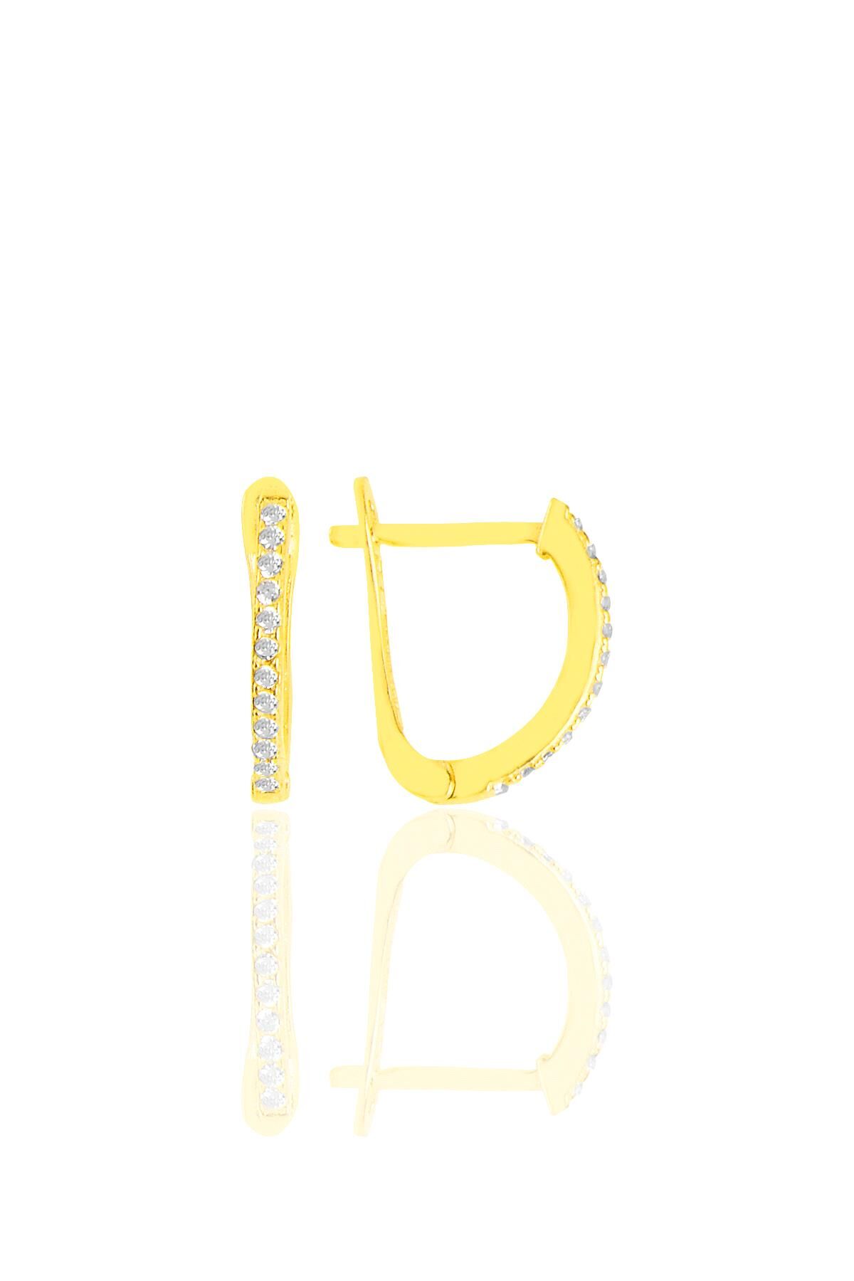 Gümüş altın yaldızlı  zirkon  sıra taşlı  klipsli j küpe  SGTL11429GOLD