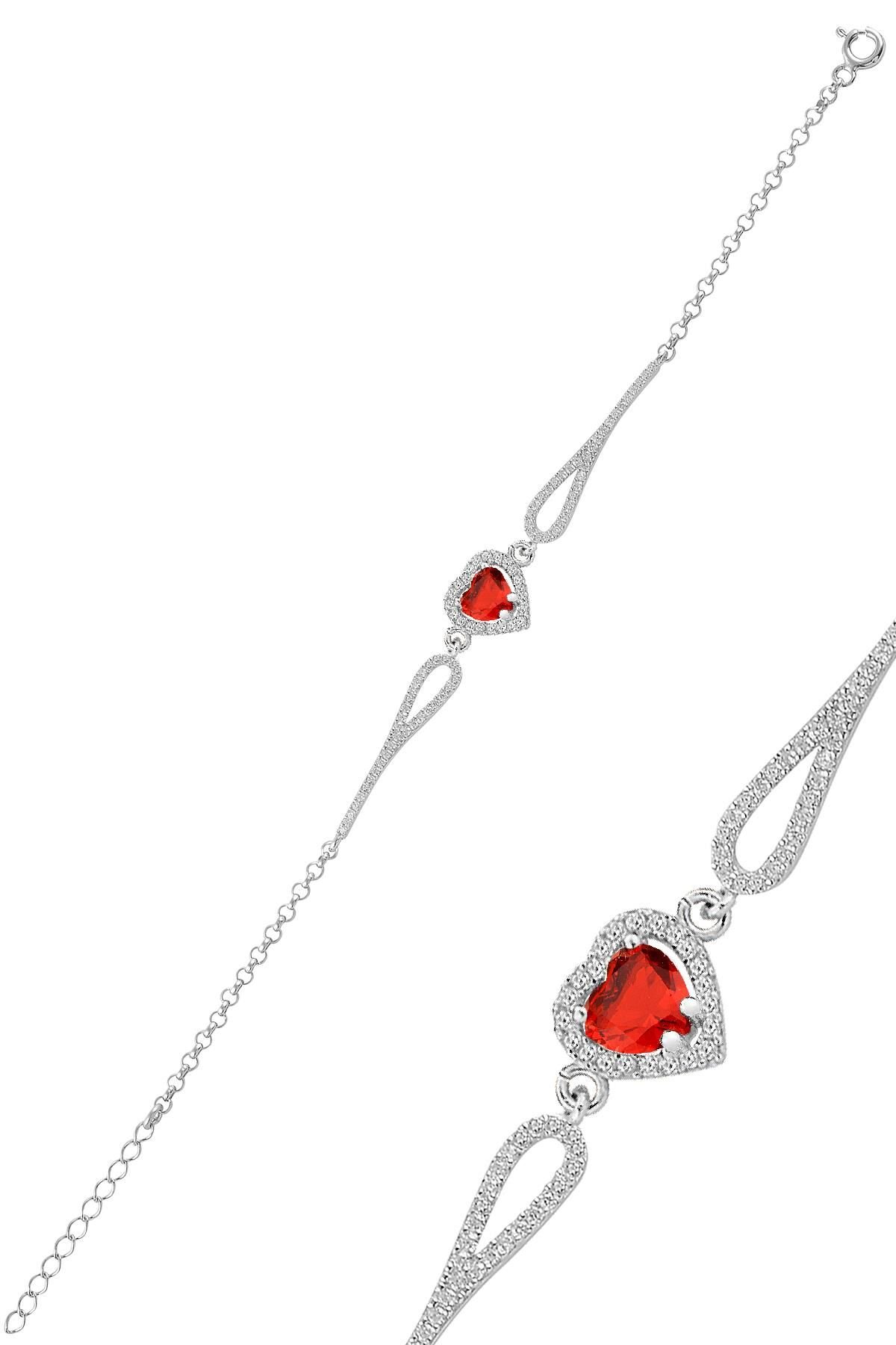 Gümüş rodyumlu kırmızı zirkon taşlı pırlanta modeli kalp bileklik SGTL12272KIRMIZI