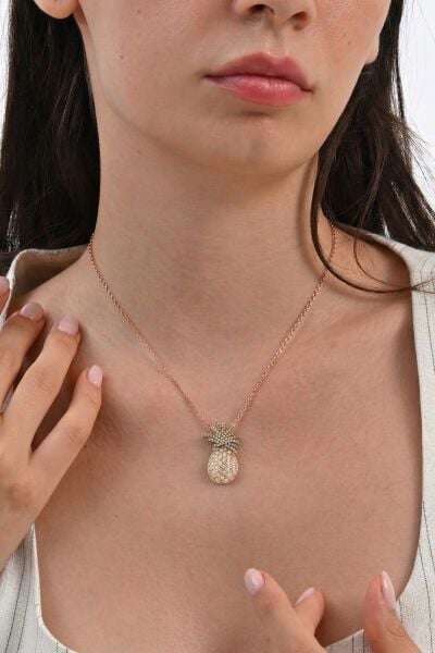 925 Ayar Gümüş Kolye Rose Kaplama Zirkon Taşlı Ananas Kolye - Zirkon Işıltılı Tropikal Hediye SGTL13315SARI