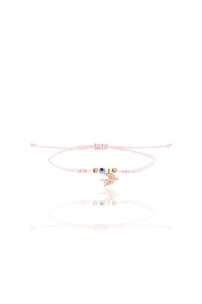 Gümüş rose zirkon taşlı nazarlı kırlangıç  pembe ipli şans bileklik SGTL12469ROSE