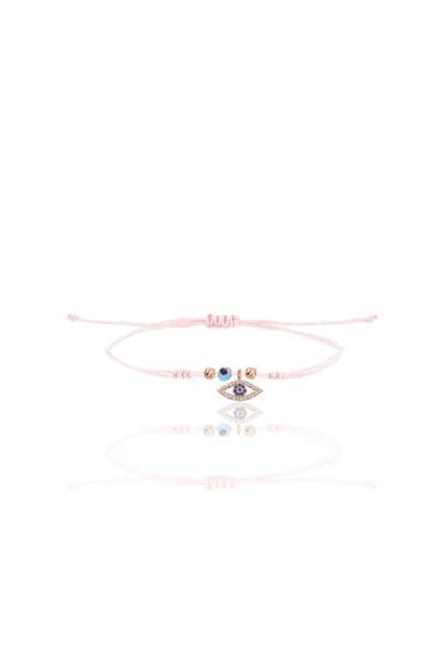 Gümüş rose zirkon taşlı nazarlı mekik göz  pembe ipli şans bileklik SGTL12470ROSE