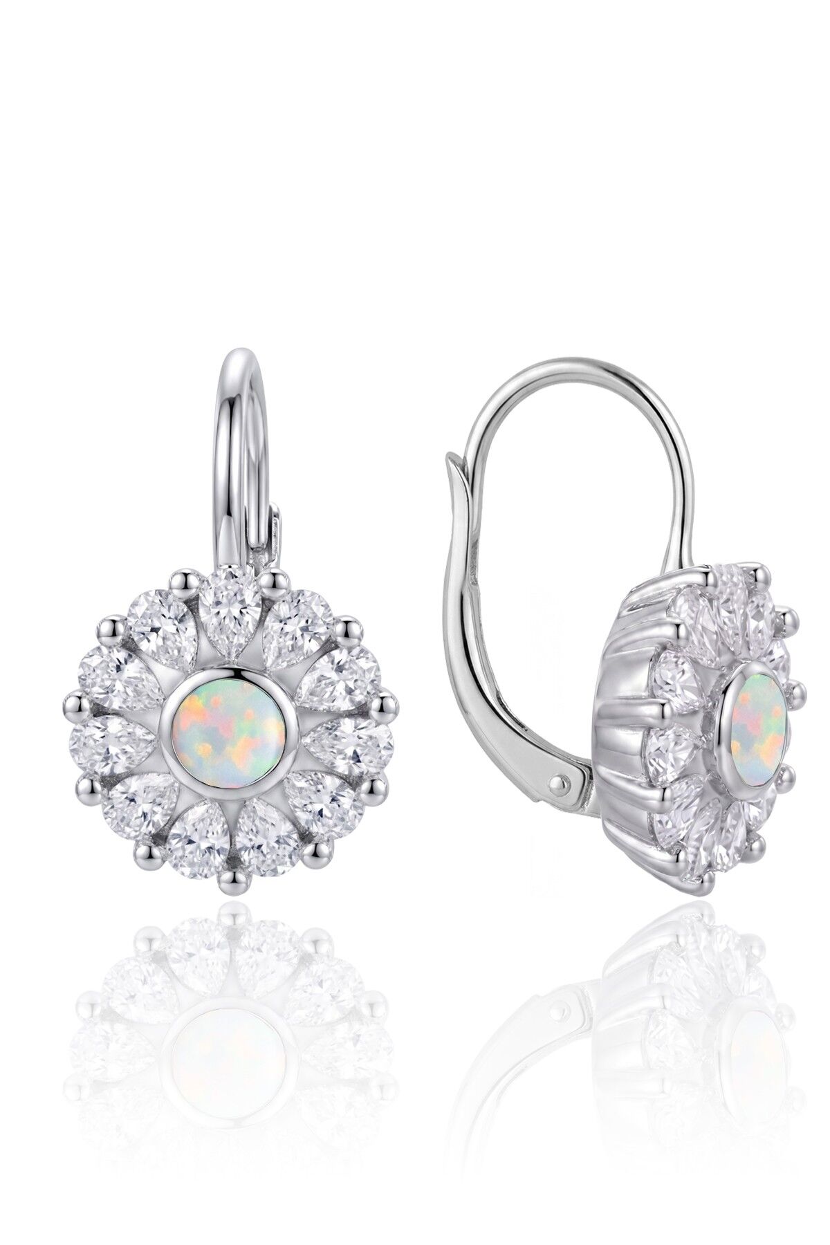 925 Ayar Gümüş Küpe Opal ve Damla Kesim Zirkon Taşlı Işıltılı Çiçek Küpe SGTL13374RODAJ
