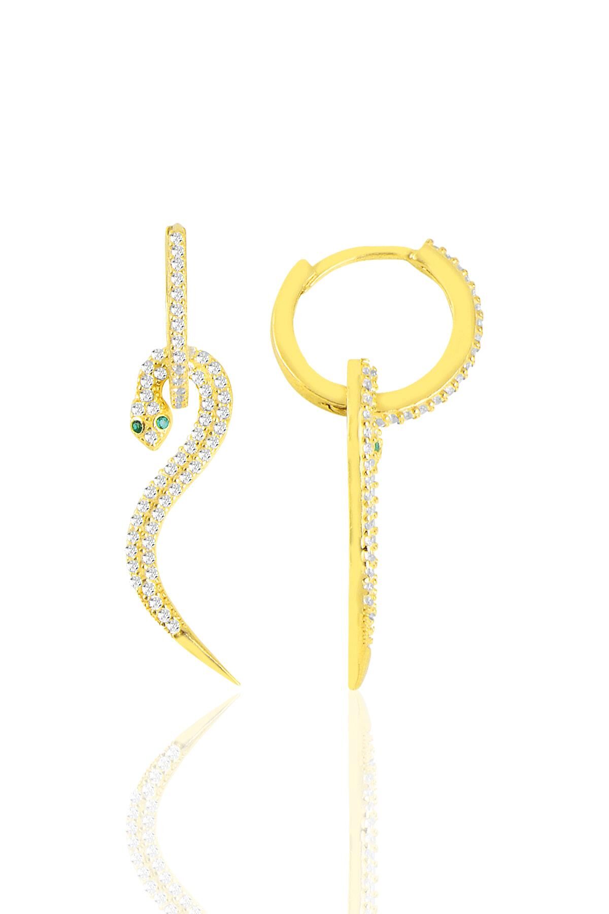 Gümüş altın yaldızlı zirkon taşlı  14 mm halkalı tasarım yılan küpe SGTL11432GOLD