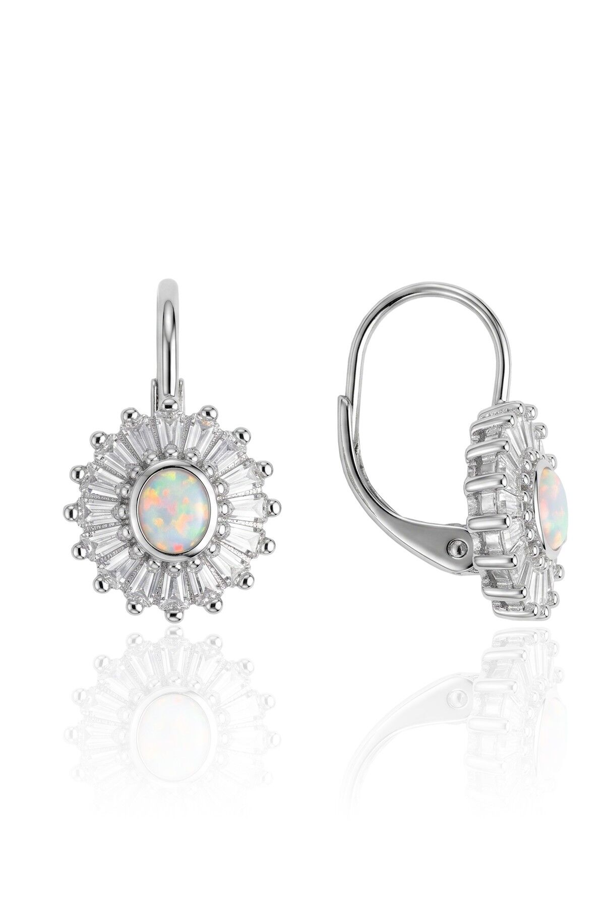 925 Ayar Gümüş Küpe Oval Opal Taşlı Zirkon Baget Çerçeveli Güneş Modeli Işıltılı Kadın Küpe SGTL13377RODAJ