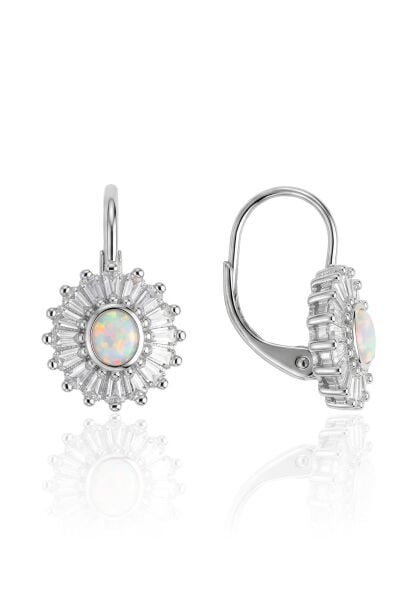 925 Ayar Gümüş Küpe Oval Opal Taşlı Zirkon Baget Çerçeveli Güneş Modeli Işıltılı Kadın Küpe SGTL13377RODAJ