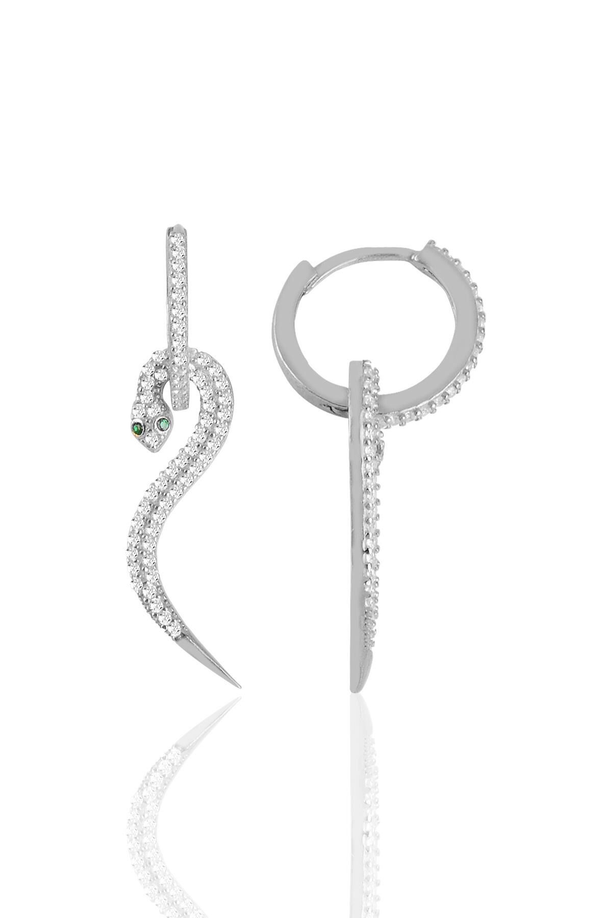 Gümüş rodyumlu zirkon taşlı  14 mm halkalı tasarım yılan küpe SGTL11432RODAJ