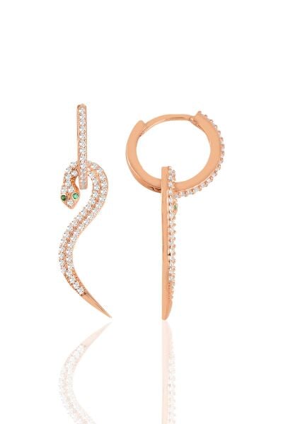 Gümüş rose zirkon taşlı  14 mm halkalı tasarım yılan küpe SGTL11432ROSE
