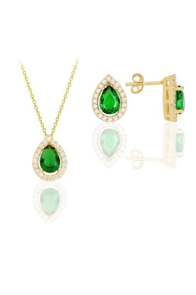 Gümüş altın yaldızlı kök zümrüt taşlı damla modeli ikili set SGTL11521YESIL