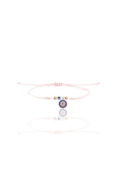 Gümüş rose zirkon taşlı nazarlı  pembe ipli şans bileklik SGTL12472ROSE
