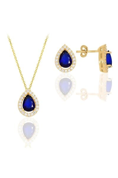 Gümüş altın yaldızlı safir taşlı damla modeli ikili set SGTL11521LACIVERT
