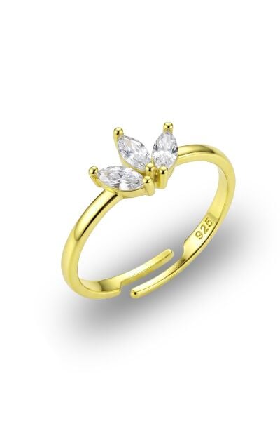 925 Ayar Gümüş Yüzük Altın Kaplama Markiz Kesim Lotus Tasarım Ayarlanabilir Yüzük SGTL13381GOLD