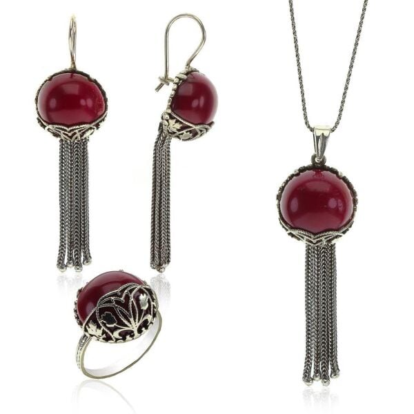Gümüş kırmızı mercan renkli  püsküllü otantik üçlü set SGTL10435SET