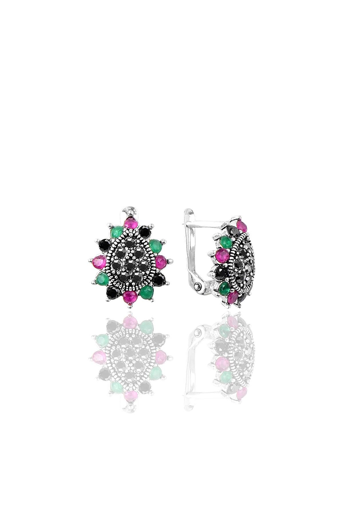 Gümüş markazit ve renkli taşlı damla modeli küpe SGTL9510