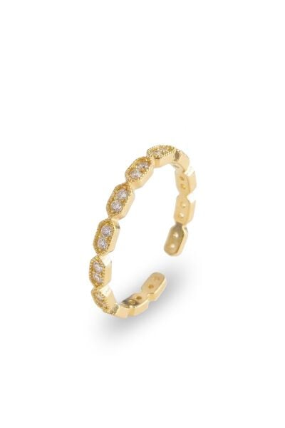 925 Ayar Gümüş Yüzük Altın Kaplama Geometrik Geçişli Taşlı Ayarlanabilir Yüzük SGTL13321GOLD