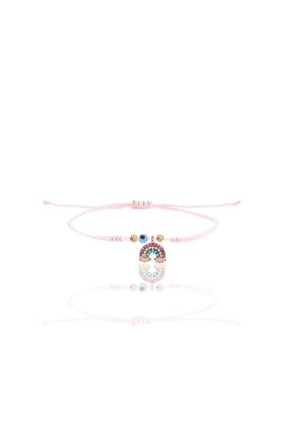 Gümüş rose zirkon taşlı nazarlı gök kuşağı  pembe ipli şans bileklik SGTL12475ROSE