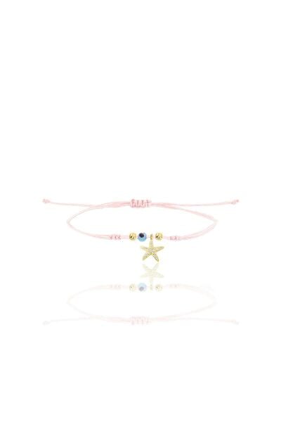 Gümüş altın yaldızlı zirkon taşlı nazarlı deniz yıldızı  pembe ipli şans bileklik SGTL12476GOLD