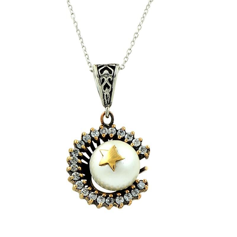 Gümüş inci ve zirkon taşlı otantik ay yıldız kolye SGTL11439KOLYE