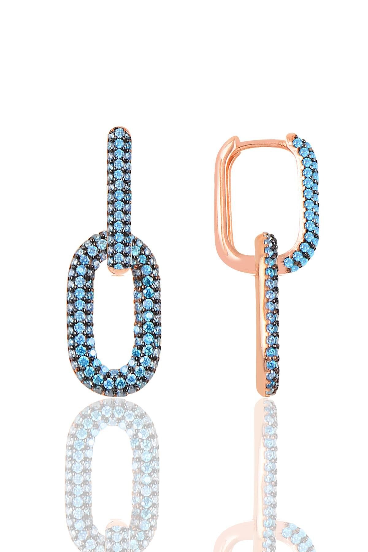 Gümüş rose akuamarin taşlı sallantılı trend küpe SGTL12113MAVI