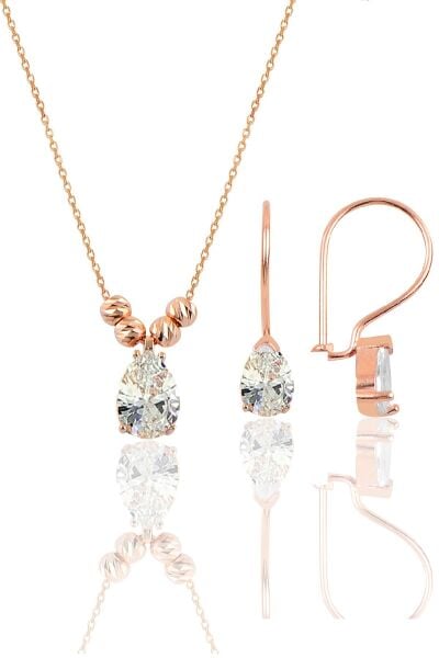 Gümüş rose zirkon taşlı dorica damla kolye ve çengelli küpe seti  SGTL11417BEYAZ