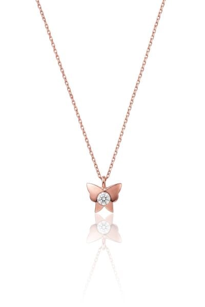 925 Ayar Gümüş Kolye Rose Kaplama Tek Taşlı Minimal Kelebek Kolye SGTL13314KELEBEK