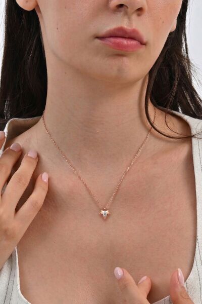 925 Ayar Gümüş Kolye Rose Kaplama Tek Taşlı Yaprak Kolye - Şans Kolyesi SGTL13314YAPRAK