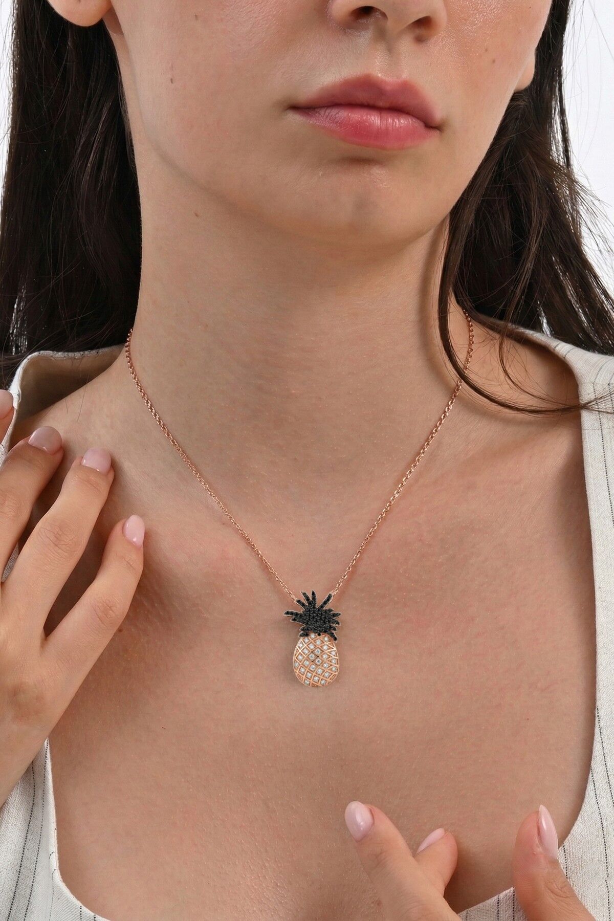 925 Ayar Gümüş Kolye Rose Kaplama Onix Taşlı Ananas Kolye -  Işıltılı Tropikal Hediye SGTL13315SIYAH