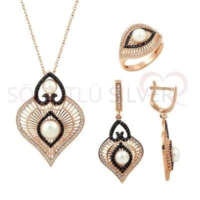 Rose inci ve zirkon taşlı üçlü set set8469