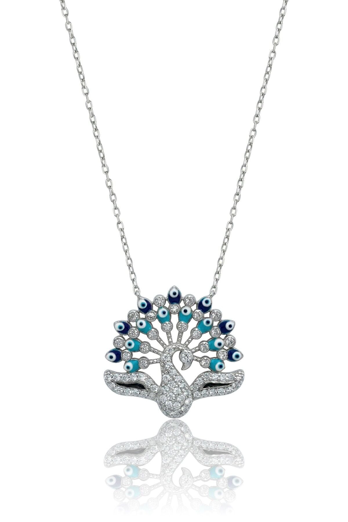 925 Ayar Gümüş Kolye Zirkon taşlı Mine Nazar Boncuklu Tavus Kuşu Kolye -Şans ve Koruma SGTL13317RODAJ