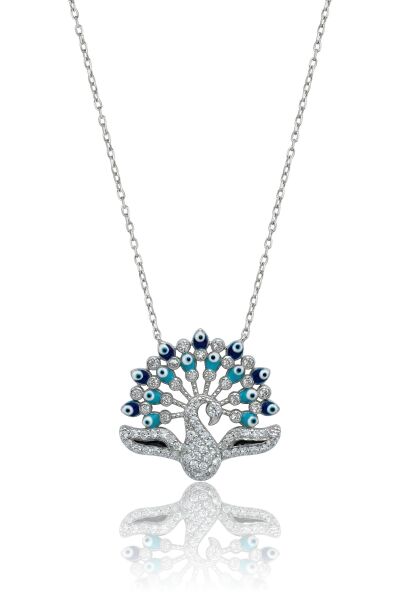 925 Ayar Gümüş Kolye Zirkon taşlı Mine Nazar Boncuklu Tavus Kuşu Kolye -Şans ve Koruma SGTL13317RODAJ