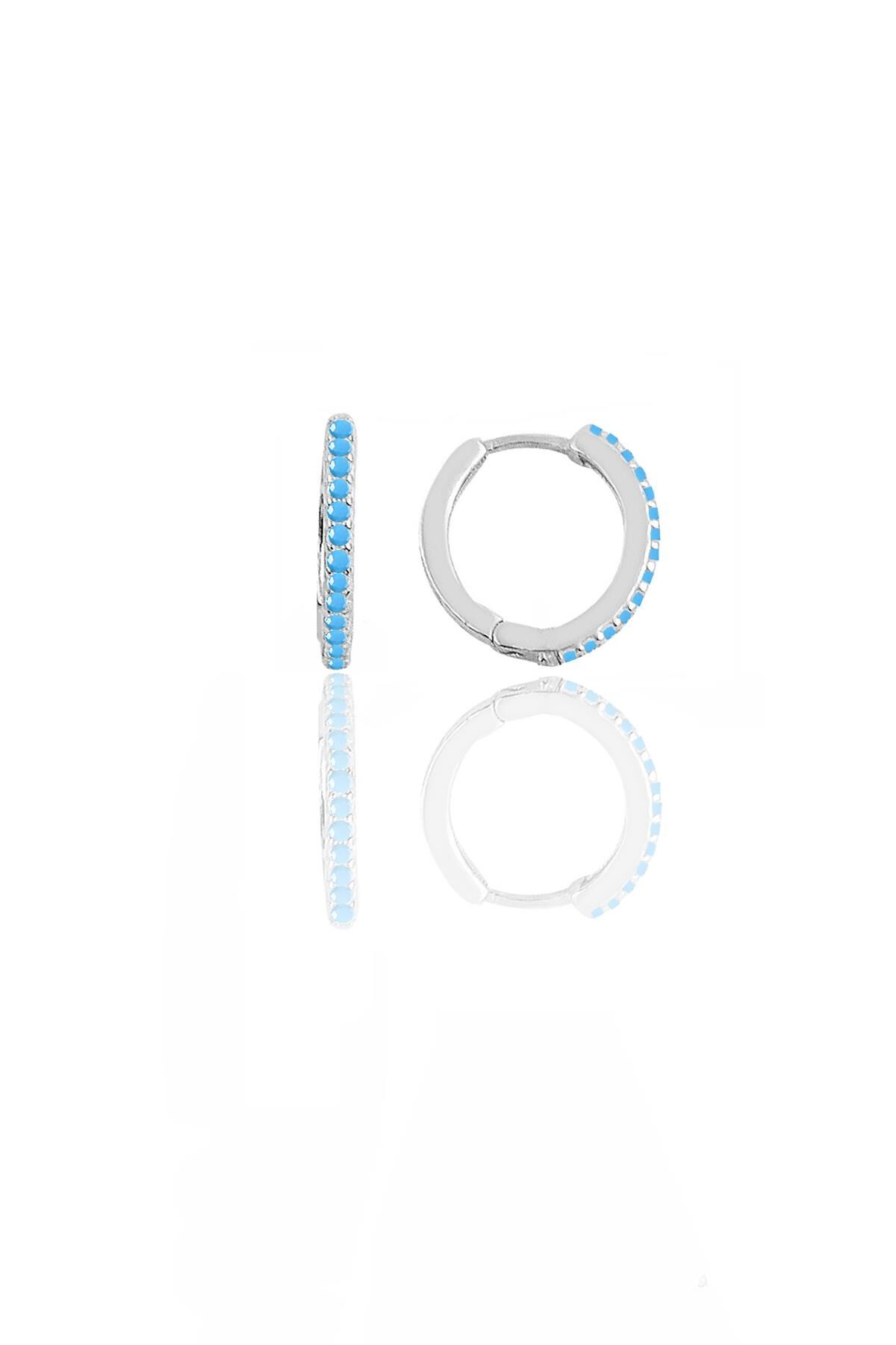 Gümüş rodyumlu turkuaz taşlı 12 mm halka küpe  SGTL11742RODAJ