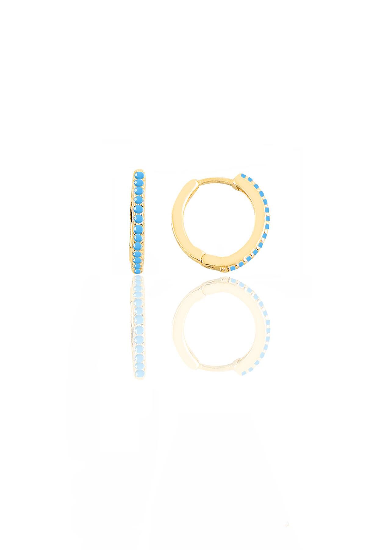 Gümüş altın yaldızlı turkuaz taşlı 12 mm halka küpe  SGTL11742GOLD