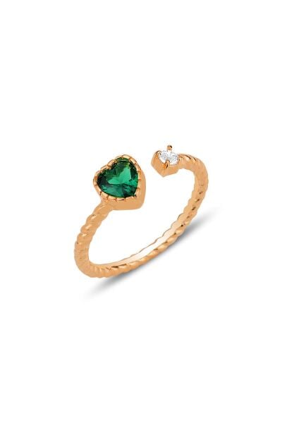 Gümüş rose yeşil taşlı kalp modeli ayarlamalı yüzük SGTL12178ROSE