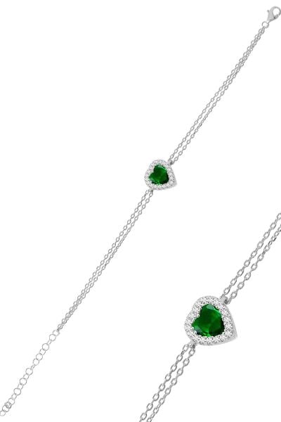 Gümüş rodyumlu kök zümrüt taşlı pırlanta montürlü kalp bileklik SGTL11751YESIL