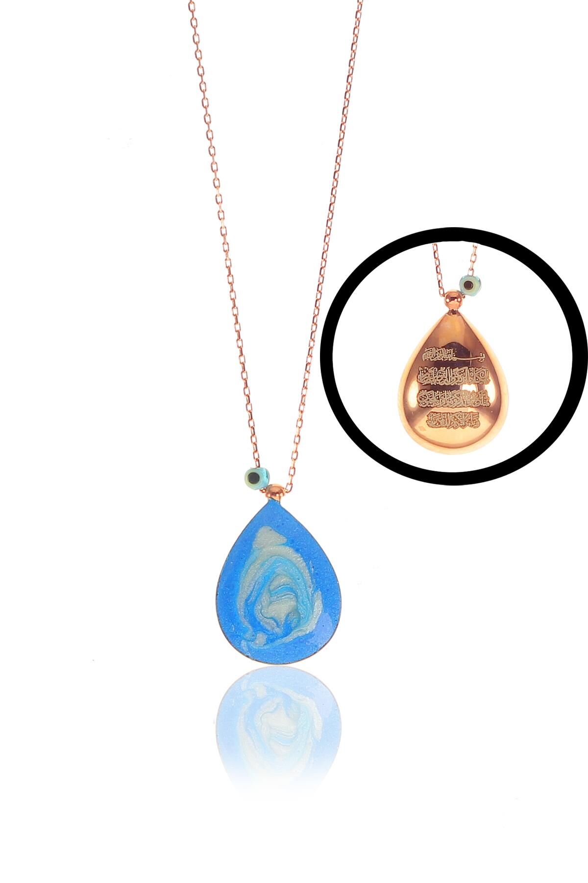 Gümüş rose nazar ayeti mavi mineli damla kolye SGTL8986