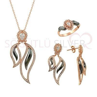 Rose siyah rodaj ve zirkon taşlı üçlü set set8465