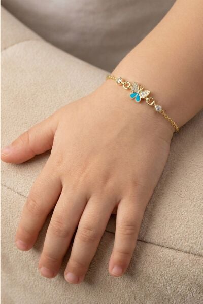 925 Ayar Gümüş Altın Kaplama Mineli Kelebek Çocuk Bilekliği - Mavi Beyaz Kanatlı Bebek Künyesi SGTL13332GOLD