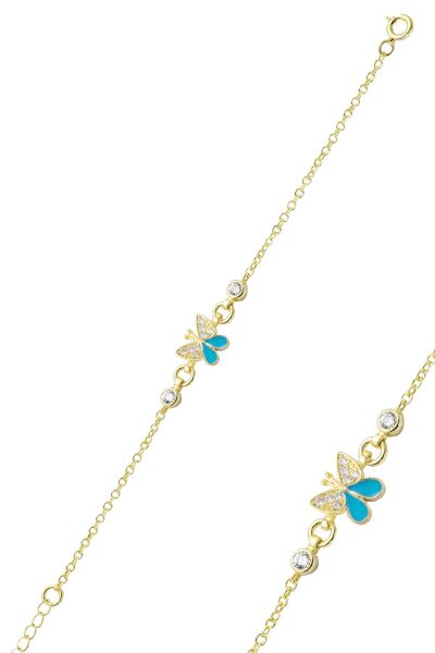 925 Ayar Gümüş Altın Kaplama Mineli Kelebek Çocuk Bilekliği - Mavi Beyaz Kanatlı Bebek Künyesi SGTL13332GOLD