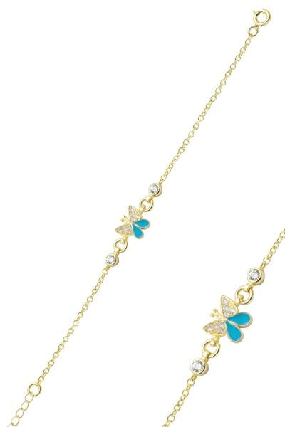 925 Ayar Gümüş Altın Kaplama Mineli Kelebek Çocuk Bilekliği - Mavi Beyaz Kanatlı Bebek Künyesi SGTL13332GOLD