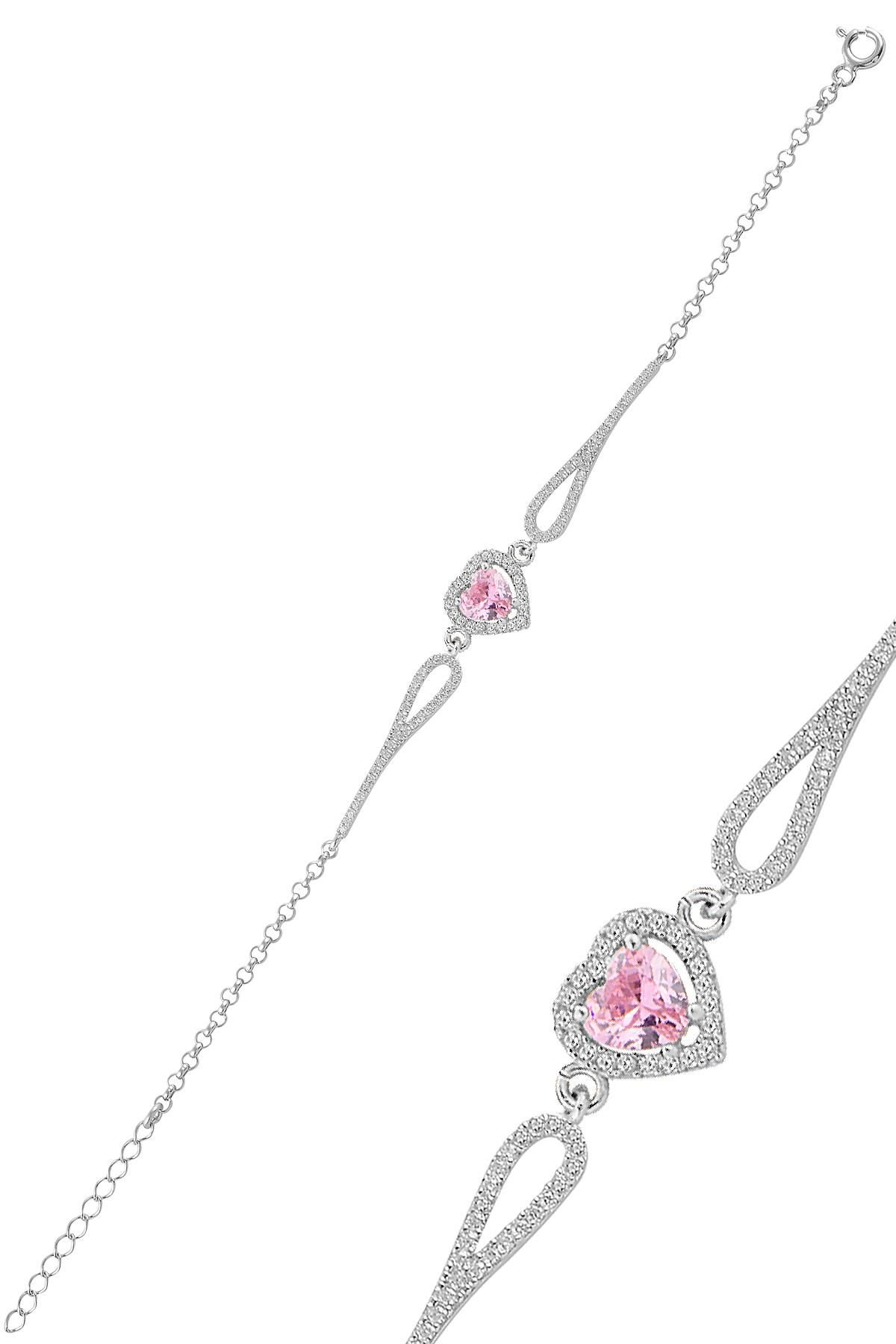 Gümüş rodyumlu pembe zirkon taşlı pırlanta modeli kalp bileklik SGTL12272PEMBE