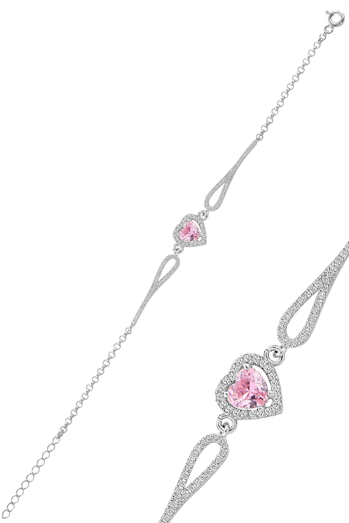 Gümüş rodyumlu pembe zirkon taşlı pırlanta modeli kalp bileklik SGTL12272PEMBE
