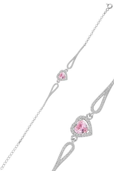 Gümüş rodyumlu pembe zirkon taşlı pırlanta modeli kalp bileklik SGTL12272PEMBE