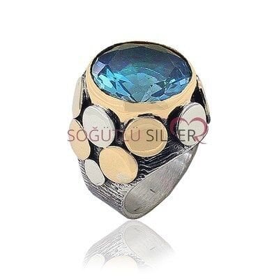 Benekli Akuamarin Taşlı Gümüş Yüzük SGTL3404